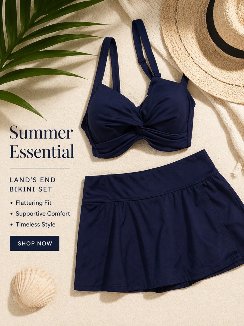 Lands' End Navy Two-Piece Bikini Set with Swim Skirt